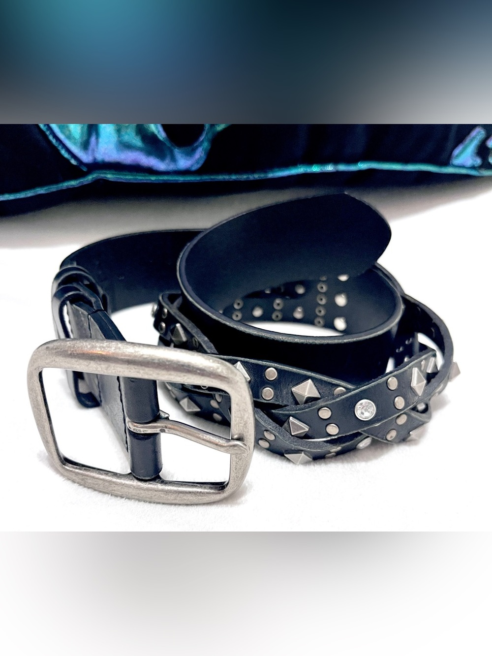Buffalo David Bitton Black Leather Studded Rhinestone Belt Braided Y2K Small